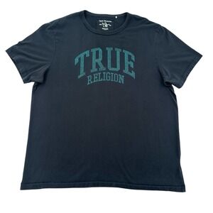 True Religion Men  2XL Black Crew Neck Preppy Designer Short Sleeves Blue Logo